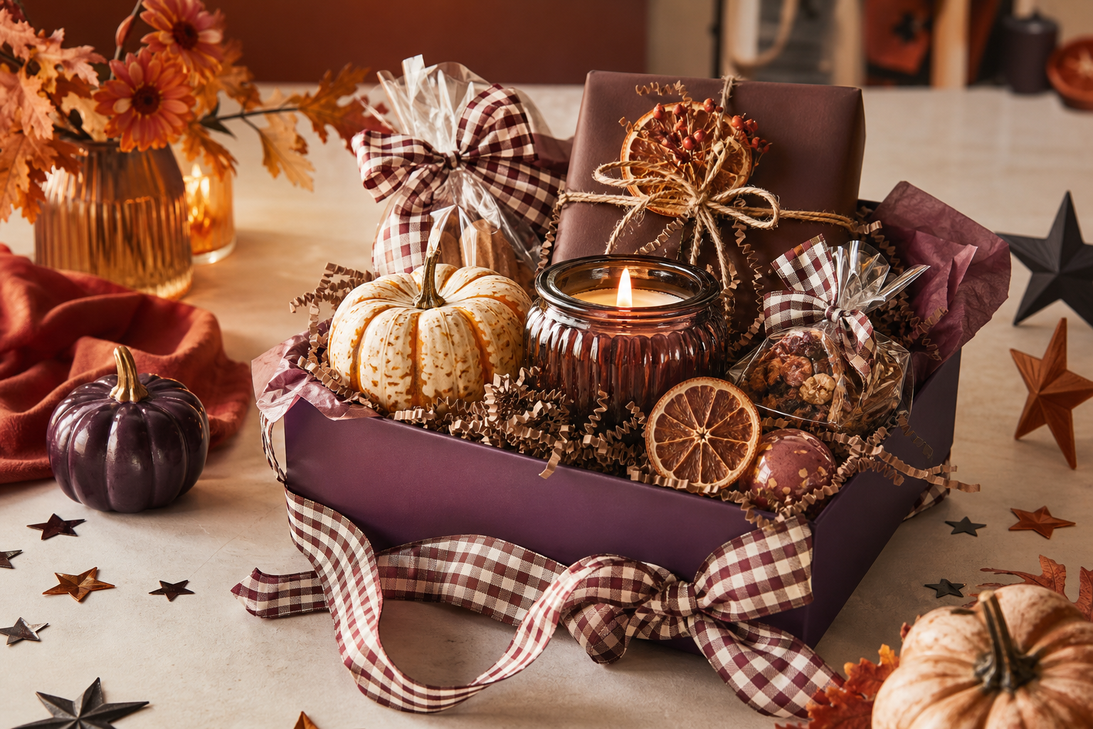 A Halloween gift box with a candle, small pumpkin and autumn treats